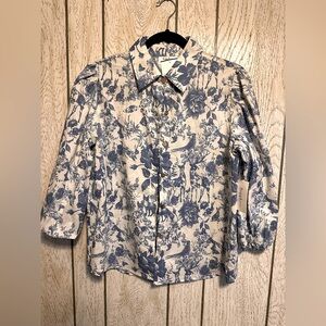 Blue Floral and Wilderness Motif Print Blouse Size L - NWT